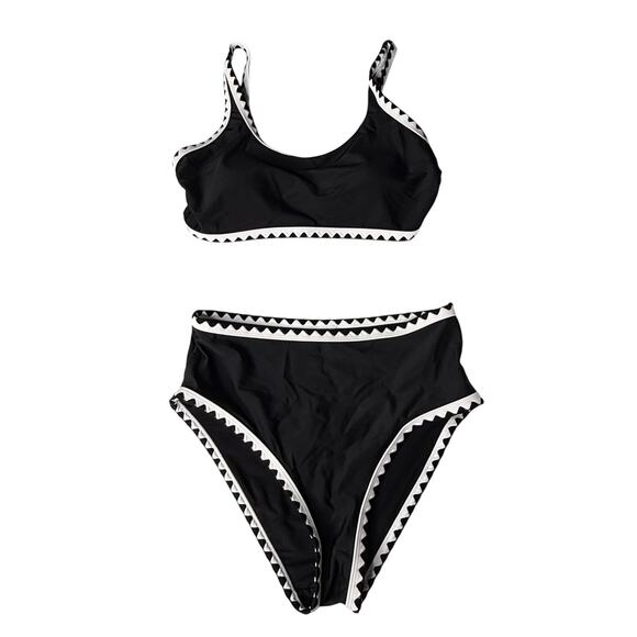 NEW Herseas SWIMSUIT Womens SM Bikini Black White Whip Stitch 2 Piece High Waist - Picture 2 of 11